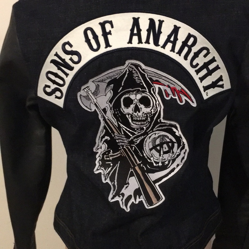 Sons of Anarchy Denim Jacket with Faux Leather sleeves Size Med NEWWOT Zip-Front